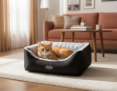 Gemütliches, eckiges Katzenbett ARUSHA mit grauem Innenfutter und schwarzem Außenstoff, orangefarbene Katze entspannt darin.