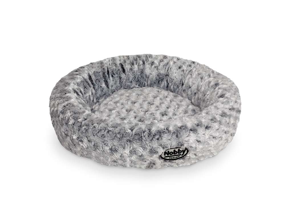 Rundes Hundebett "ARUSHA" in sanften Grautönen mit plüschigem Bezug und geflochtenem Rand, ideal für jeden Hund.
