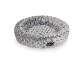 Rundes Hundebett "ARUSHA" in sanften Grautönen mit plüschigem Bezug und geflochtenem Rand, ideal für jeden Hund.