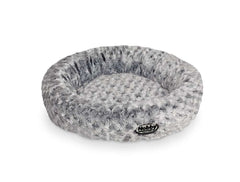 Rundes Hundebett "ARUSHA" in sanften Grautönen mit plüschigem Bezug und geflochtenem Rand, ideal für jeden Hund.