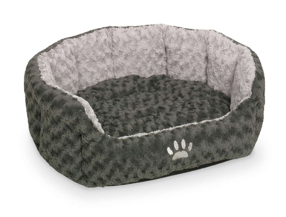 Hundebett oval "SEOLI" in grau mit samtiger Außenseite und weichem Innenfutter, ideal für gemütliche Ruhezeiten.
