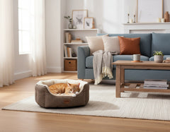 Komfortables ovales Bett ALBA in elegantem Wohnraum mit blauen Sofa, Holztisch und beigem Teppich.