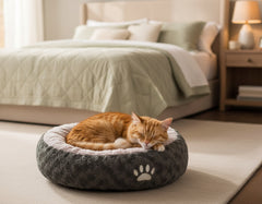 Schlafende orangefarbene Katze auf runder Katzenschlafmatte in gemütlichem Schlafzimmer.