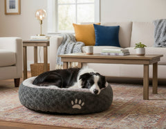 Hund auf grauem Donut-Hundebett in gemütlichem Wohnzimmer mit farbigen Kissen und Stehlampe.