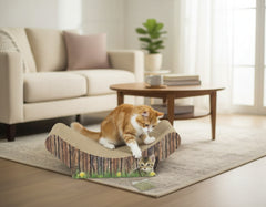 Orangefarbene Katze spielt mit Nobby Kratzbrett Wave aus Karton in gemütlicher Wohnzimmerszene.