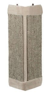 Dekorativer Kratzecke-Wandteppich in beige-grauem Design mit geometrischem Muster und Befestigungsösen.
