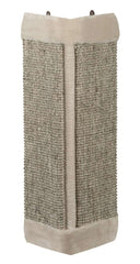 Dekorativer Kratzecke-Wandteppich in beige-grauem Design mit geometrischem Muster und Befestigungsösen.