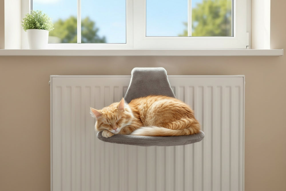 Schlafende orangefarbene Katze auf grauer Heizkörperbank vor Fenster mit Gartenblick und Topfpflanze im Hintergrund.