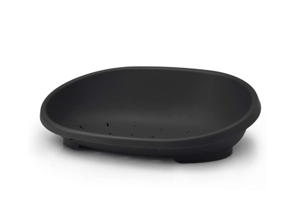 Schwarze ovale Kunststoffschale mit flachem Rand und Abflusslöchern für vielseitige Nutzung und stilvolle Ablage.