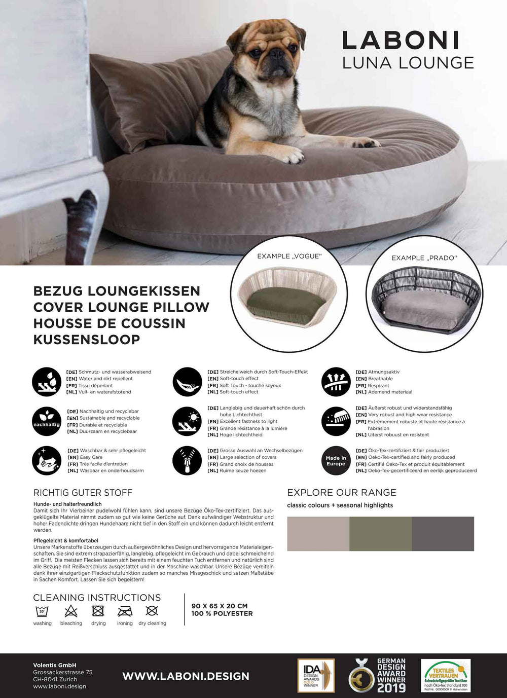 "Produktbroschüre des PRADO OXFORD Hundebetts mit Hund auf Kissen, Details zu Material und Pflege sichtbar."