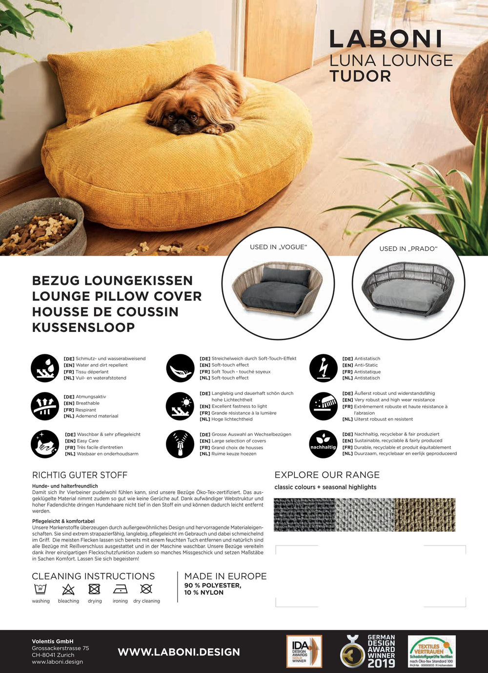 Design-Hundebett TUDOR von PRADO mit Details zu Material und Pflege, neben einem gemütlichen Hund präsentiert.