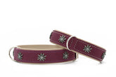 Zwei elegante Hundehalsbänder in Purpur mit silbernen Blütenapplikationen und lederartigem Material.
