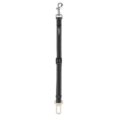 Schwarze Hundeleine aus robustem Material mit stabilen Karabinerhaken und heller Naht, ideal für Sicherheit und Haltbarkeit.