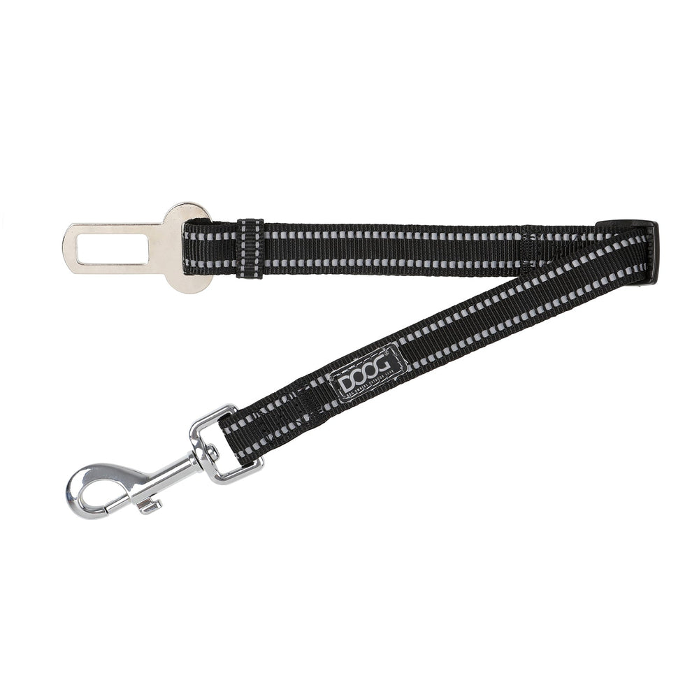 Schwarz-weiße Hundeleine mit reflektierenden Streifen, Metallkarabiner und robustem Befestigungsmechanismus.