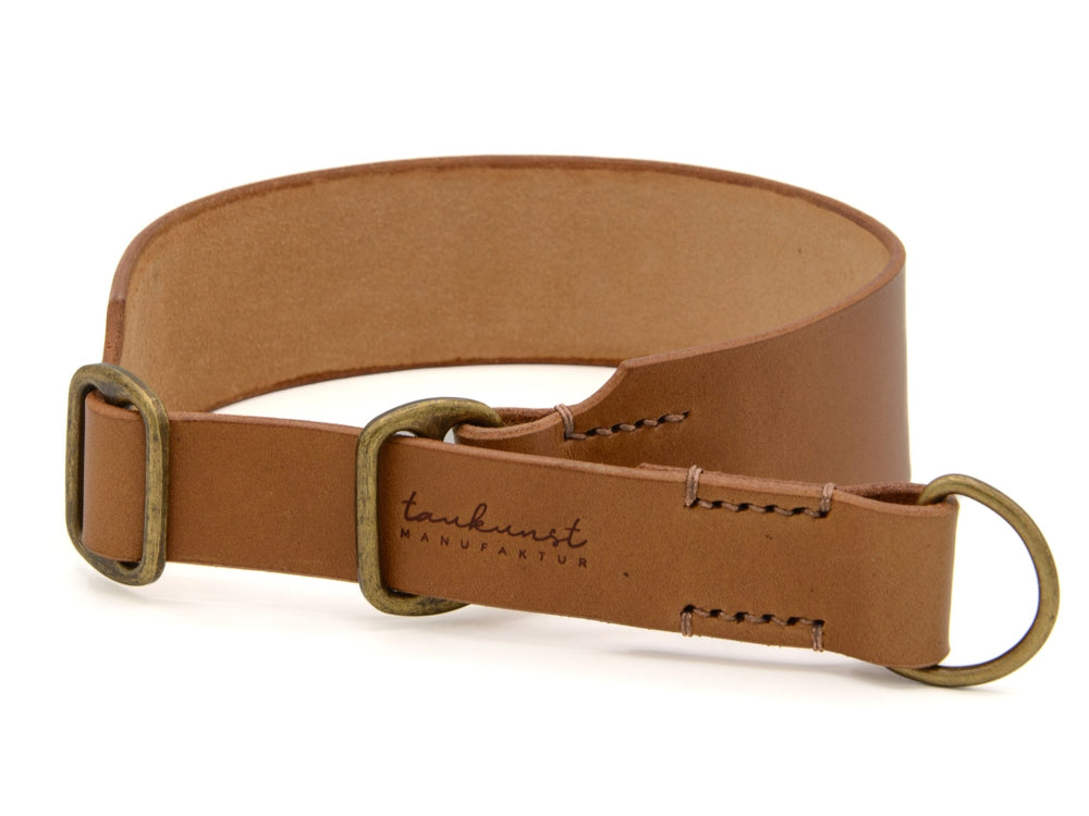 Braunes Lederriemen-Halsband mit Messingringen und Schnalle, ideal für stilvolle Hundeaccessoires.