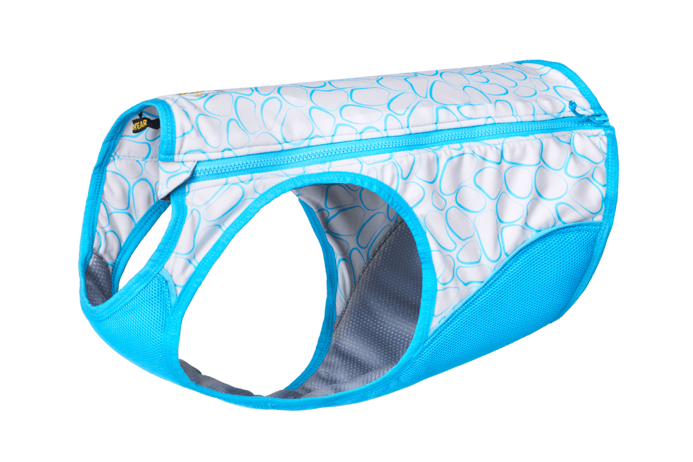 "Kühlende Hundeweste Swamp Cooler Zip™ in Blau mit Wassertropfenmuster und belüftetem Netzmaterial an den Seiten."