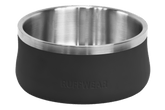 Schwarze Silikon-Hundeschüssel mit Edelstahlrand und eingeprägtem "RUFFWEAR"-Schriftzug, rund und geschwungenes Design.
