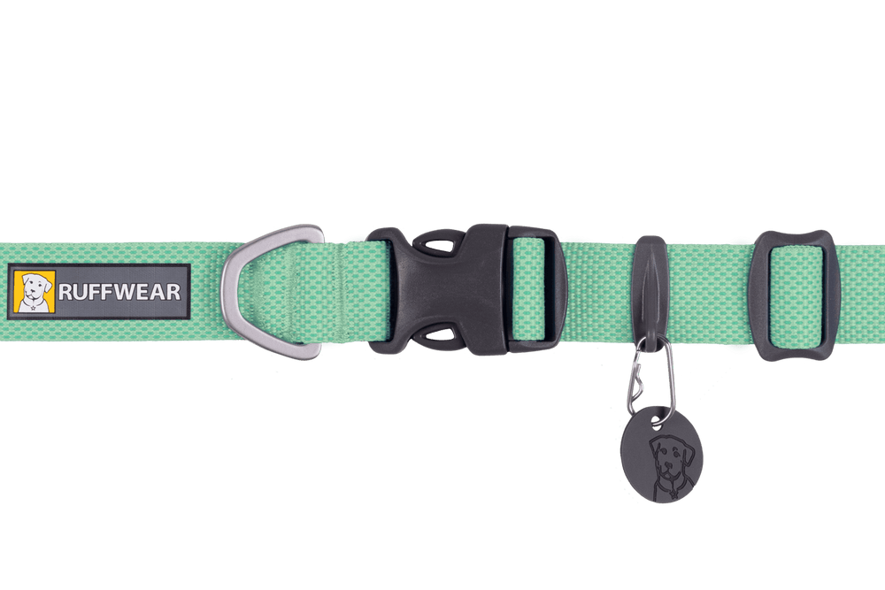 Mintgrünes Hi Light™ Hundehalsband von Ruffwear mit Metallschnalle und Befestigungsring. Ideal für aktive Hunde.
