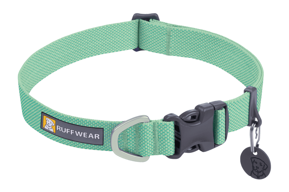 Grünes Hi Light™ Hundehalsband von Ruffwear mit stabilen Verschluss und D-Ring für Leine, robust und strapazierfähig.