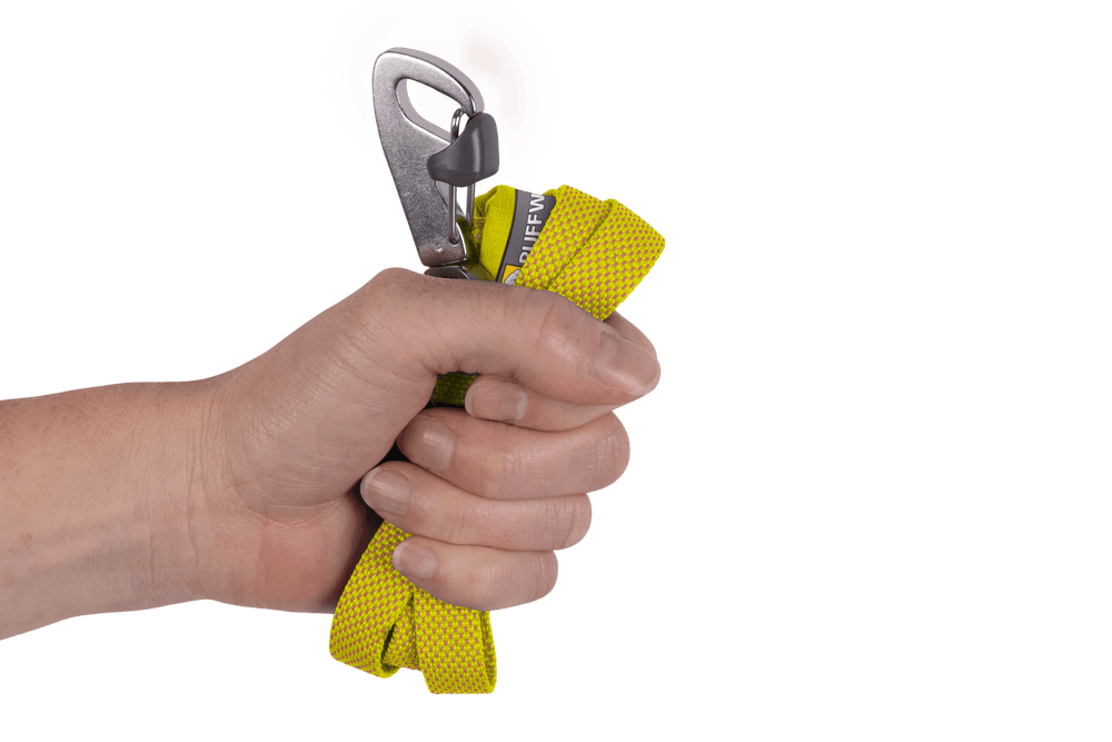 Leichte gelbe Hundeleine mit Karabiner in Hand gehalten, gut sichtbar vor schwarzem Hintergrund.
