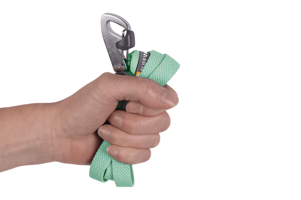 Hi Light™ leichte Hundeleine in grün kariert mit verchromtem Karabiner, gehalten von einer Hand vor schwarzem Hintergrund.