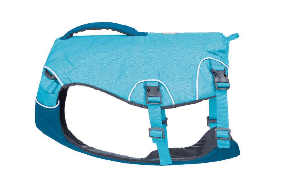 Blaue Confluence™ Schwimmweste für Hunde, ergonomisch geformt mit verstellbaren Riemen für optimalen Sitz und Sicherheit.