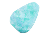 Türkiser Kristall mit marmorierten Mustern und glatter Oberfläche, lichtdurchlässig und in unregelmäßiger Form.