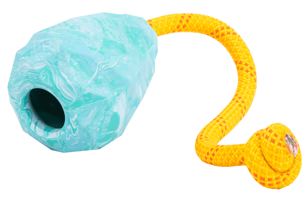 Buntes Huck-a-Cone™ Spielzeug für Haustiere mit blau-weißem Muster und geflochtenem gelbem Seil.