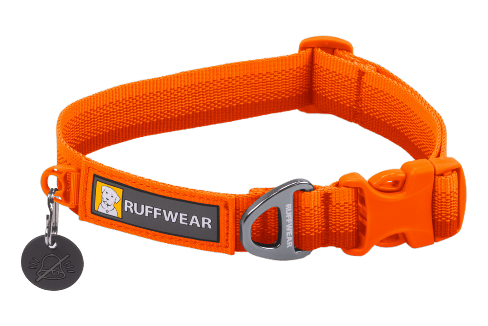 orangefarbenes Ruffwear Hundehalsband aus strapazierfähigem Material mit verstellbarer Schnalle und Leinenring.