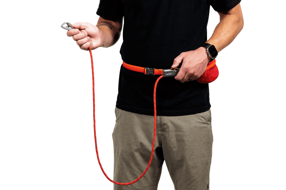 Person mit Hitch Hiker™ Leinensystem: Orangefarbener Gürtel und Leine in der Hand für sicheres Führen von Haustieren.