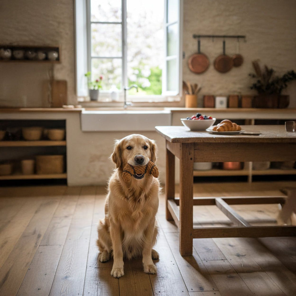 Golden Retriever in heller Küche sitzt vor Tisch mit Spielzeug im Maul, umgeben von dekorativen Küchenutensilien.