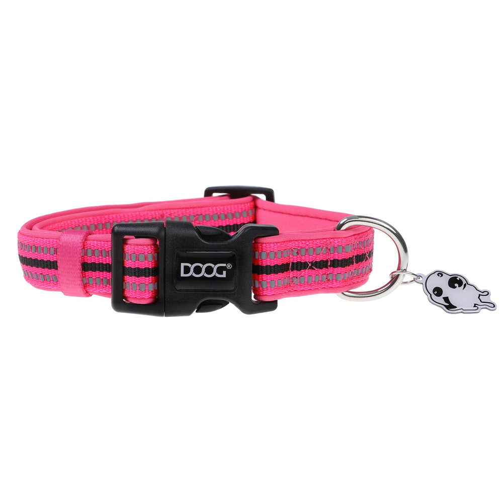 Pinkes Neopren-Hundehalsband mit schwarzen Streifen, Kunststoffschnalle und Gespenst-Anhänger.