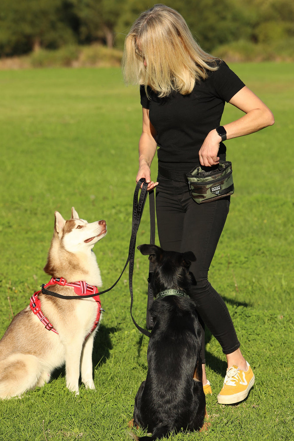 Frau mit blonden Haaren auf Wiese, trägt DOOG Leckerchen-Tasche, vor ihr sitzen zwei Hunde.