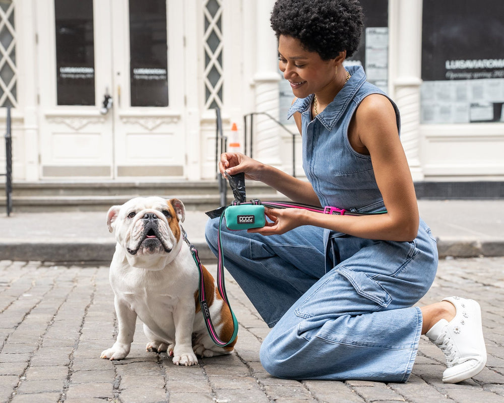 Frau mit Bulldogge auf Straße, hält DOOG Kotbeutel-Tasche in der Hand, bereit für den nächsten Spaziergang.