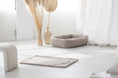 Beige Hundedecke Teddy in hellen Raum mit Pampasgras und sanftem Licht. Ideal für Haustiere und stilvolle Wohnräume.