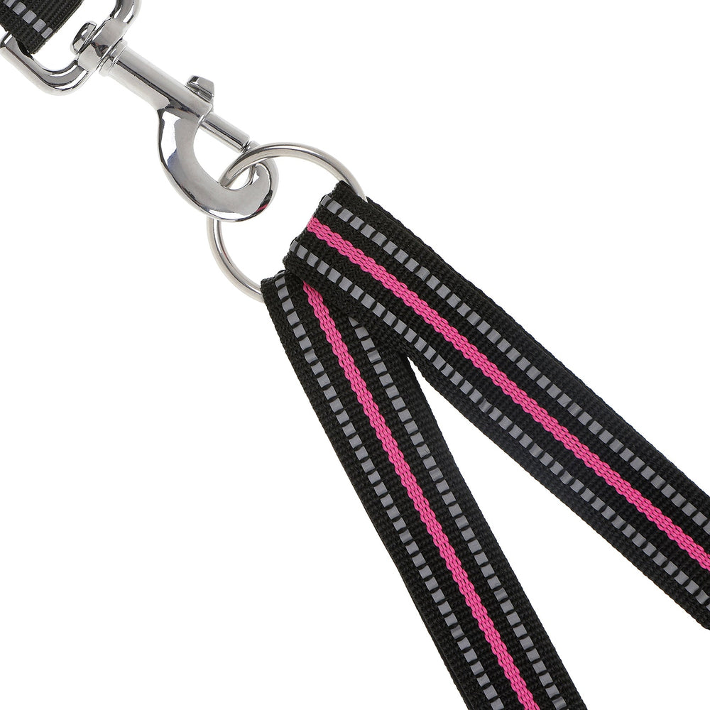Hundeleine DOOG 2-1 im schwarz-gestreiften Design mit pinken und grauen Linien und glänzendem Karabinerhaken.