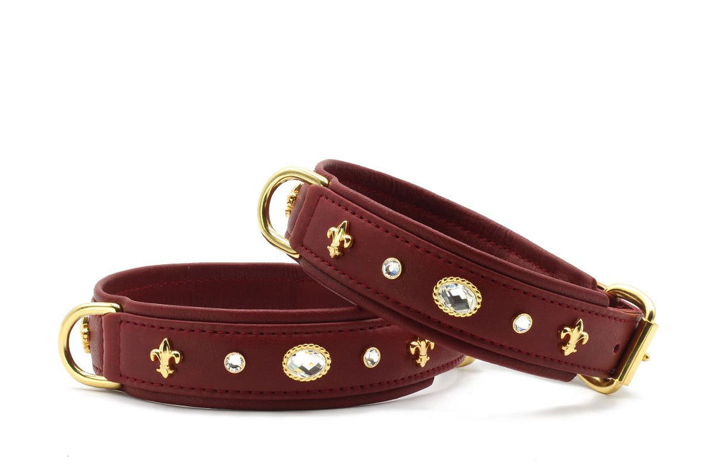 Elegante rote Hundehalsbänder mit goldfarbenen D-Ringen und Ziersteinen in einem stilvollen Design.