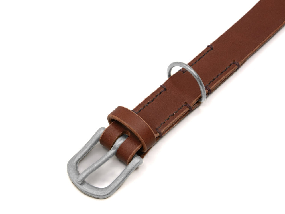 Braunes Lederhalsband Waldgeist mit silberner Schnalle und schlichten Nähten, ideal für stilbewusste Hunde.