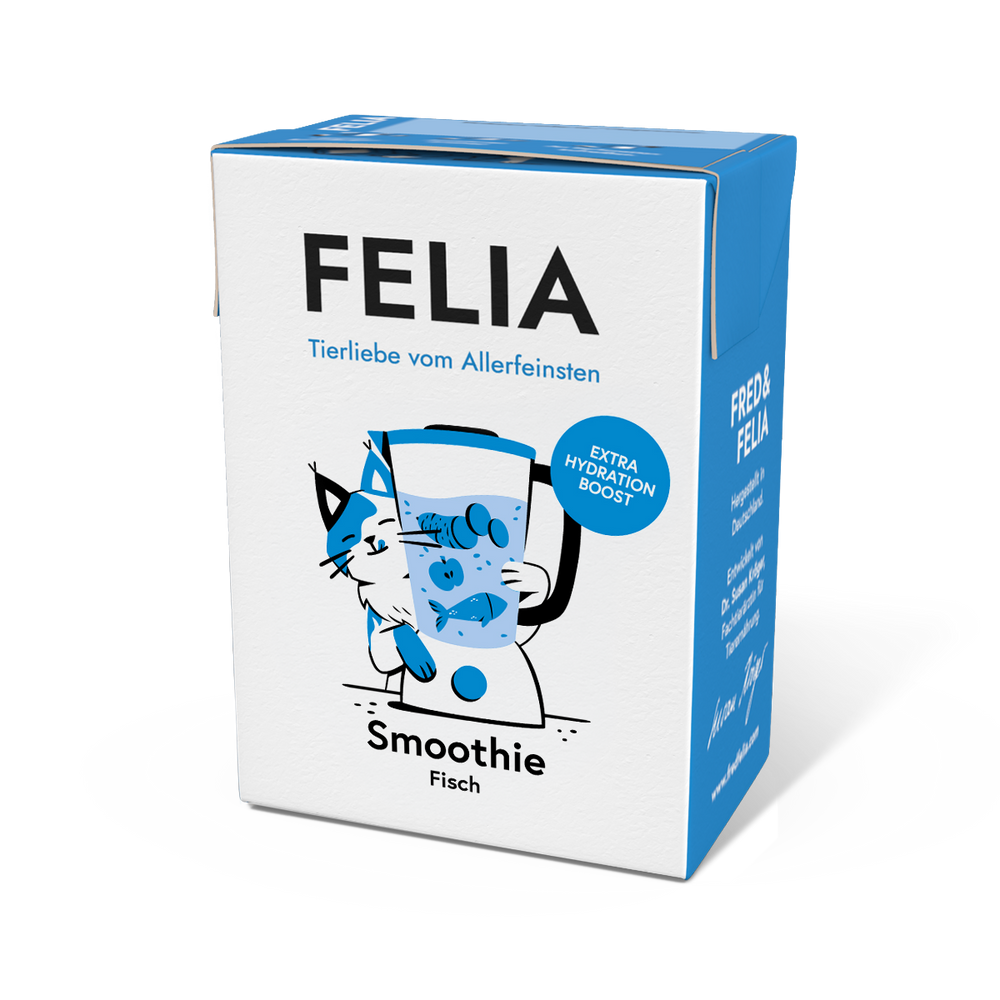 Verpackung von FELIA Smoothie Fisch mit Kater-Illustration und Fischmotiv auf weißem Karton.