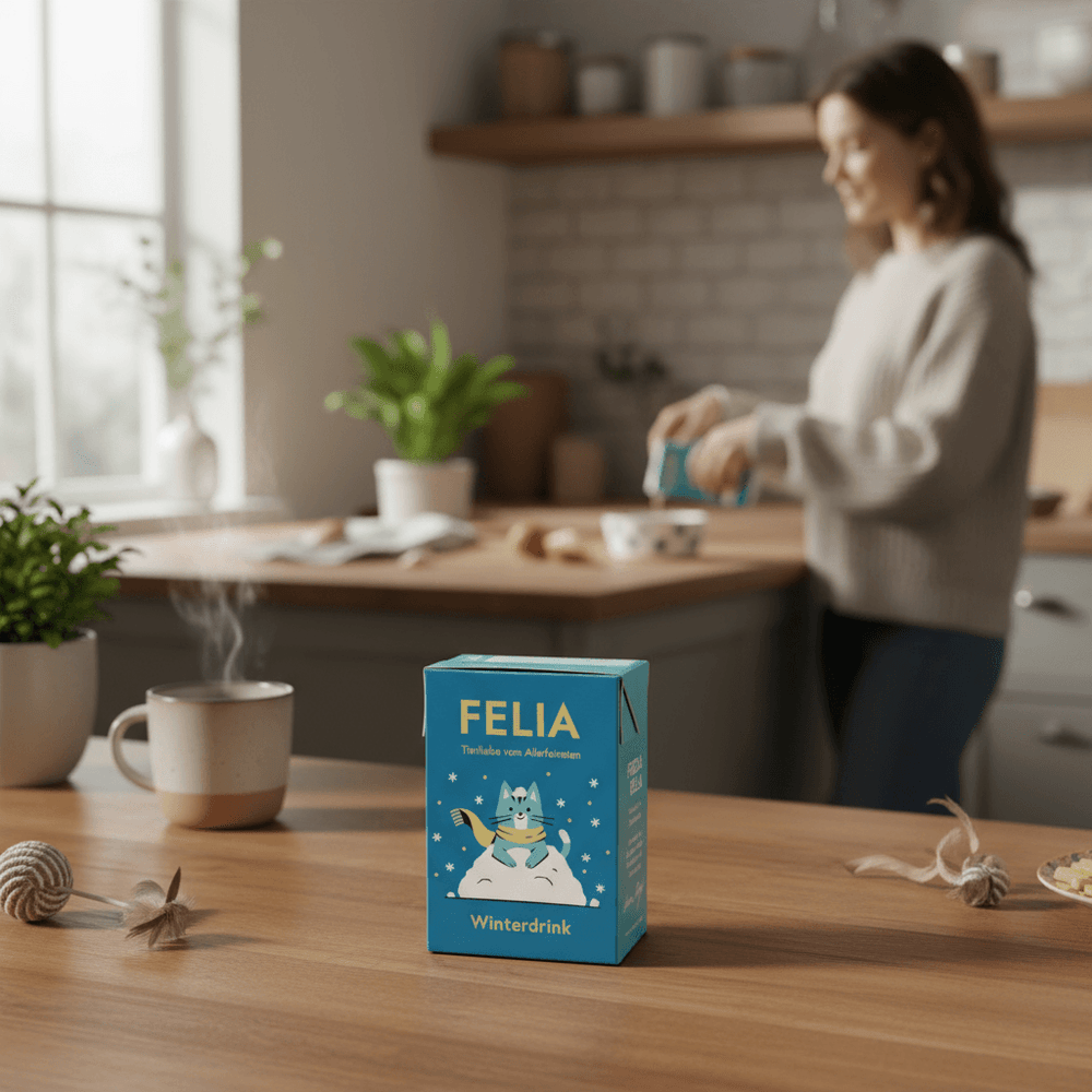 FELIA Winterdrink 2er Set für Katzen, feine Hühnerbrühe in stilvoller Küchenszene, ideal zur Flüssigkeitsaufnahme.