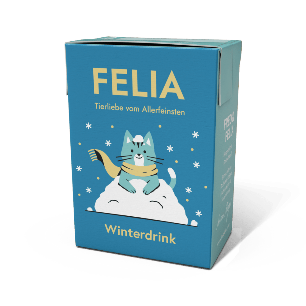FELIA Winterdrink 2er Set für Katzen, Hühnerbrühe in winterlicher Verpackung mit Katze im Schal und Schneeflocken.