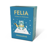FELIA Winterdrink 2er Set für Katzen, Hühnerbrühe in winterlicher Verpackung mit Katze im Schal und Schneeflocken.