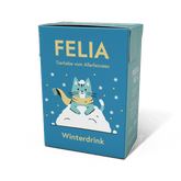 FELIA Winterdrink 2er Set für Katzen, Hühnerbrühe in winterlicher Verpackung mit Katze im Schal und Schneeflocken.