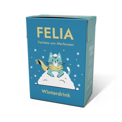 FELIA Winterdrink 2er Set für Katzen, Hühnerbrühe in winterlicher Verpackung mit Katze im Schal und Schneeflocken.