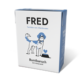 Verpackung von FRED Buntbarsch mit Amaranth, weiß und blau, mit Hund und Futternapf illustriert.