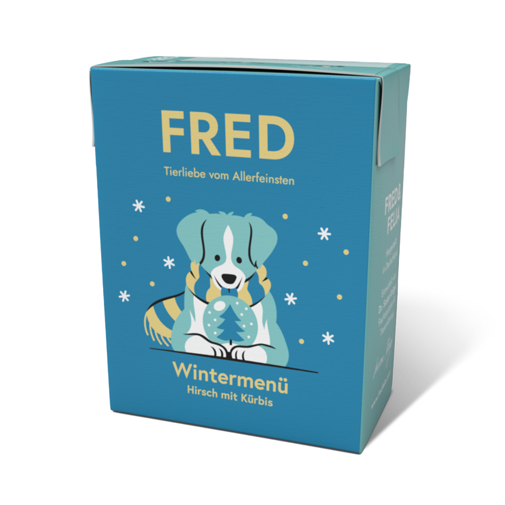 FRED Wintermenü 390g für Hunde, herzhaftes Nassfutter mit Wild, Gemüse und feinen Ölen für die kalte Jahreszeit.
