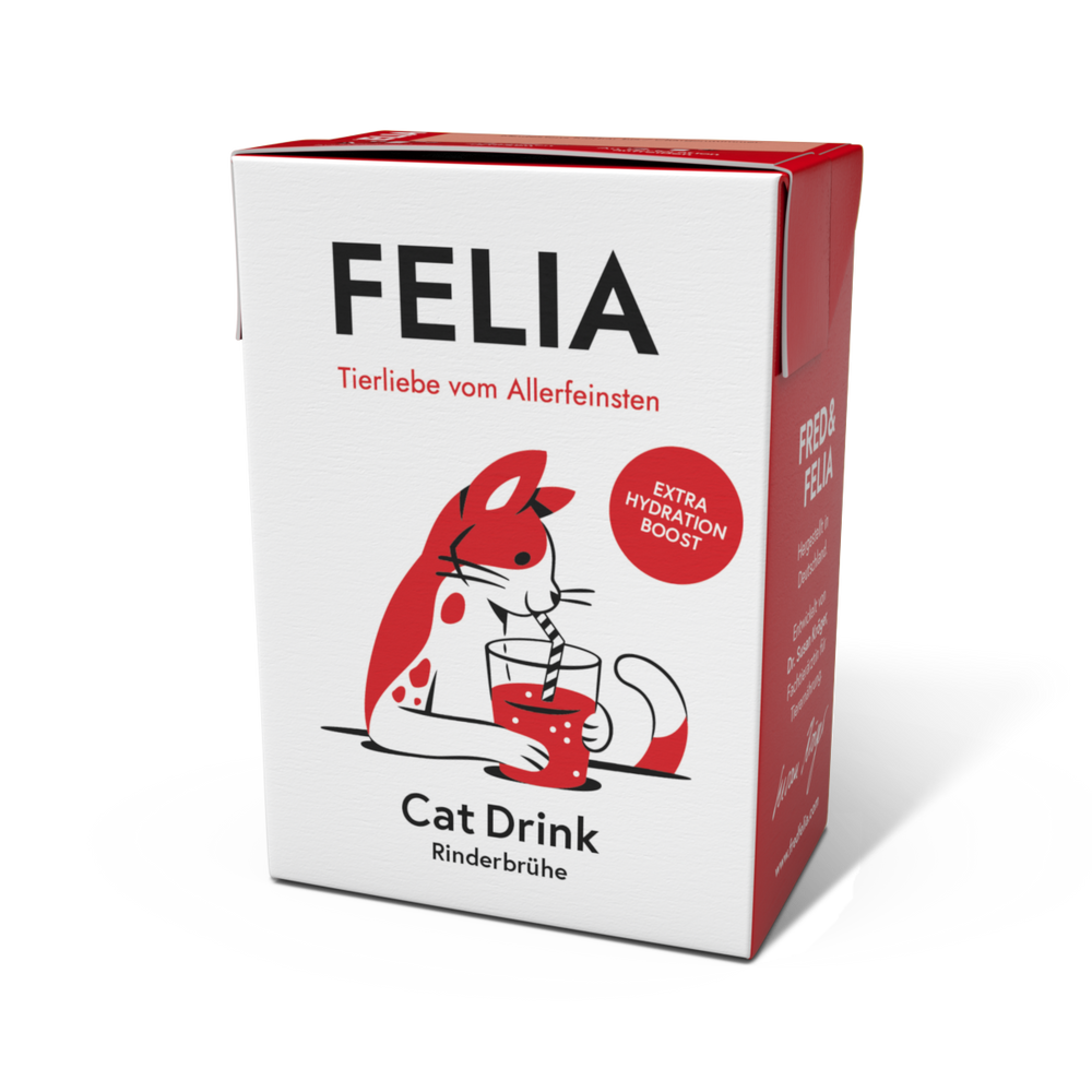 FELIA Cat Drink Rind 2er Set in roter Verpackung für Katzen, fördert Trinkmotivation und zusätzliche Flüssigkeitsaufnahme.
