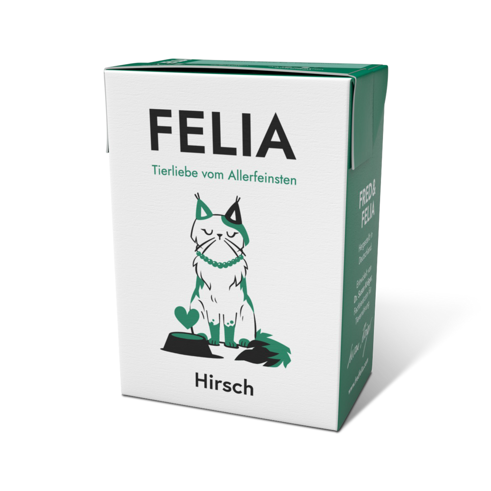 FELIA Hirsch Nassfutter für Katzen im 2er Set, hochwertige Rezeptur mit Hirsch, Obst und Gemüse, artgerecht und schmackhaft.