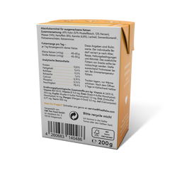 Verpackung von FELIA Huhn Nassfutter für Katzen mit Inhaltsstoffen und Fütterungshinweisen auf der Rückseite.