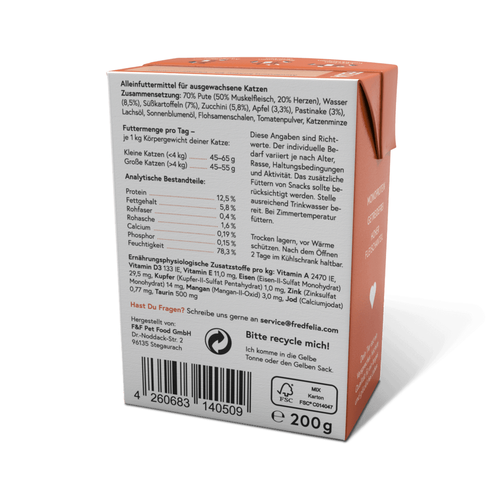ALT-Tag für das Bild: Verpackung des FELIA Pute (2er Set) für Katzenfutter mit Inhaltsstoffen und Fütterungsempfehlung in ora